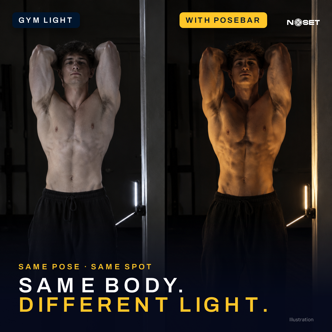 Same body, different light: flat gym light vs PoseBar side light (illustration)