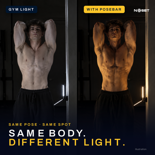 Same body, different light: flat gym light vs PoseBar side light (illustration)